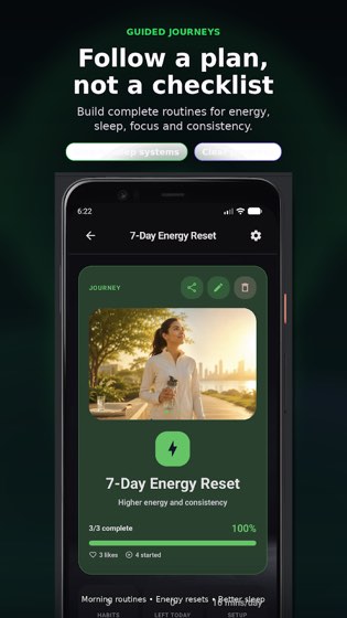 Habiture guided journey screen showing a 7-Day Energy Reset routine at 100% complete.