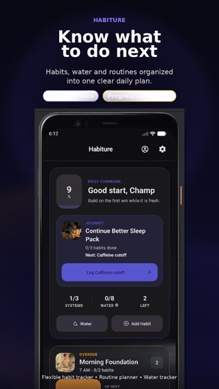 Habiture daily command screen showing habit, water and routine counters alongside the next scheduled action.