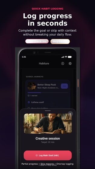 Habiture quick logging sheet completing a timed creative session goal in one tap.