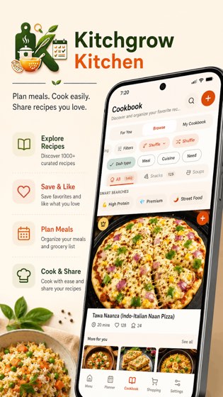 Kitchgrow cookbook screen browsing curated recipes with cuisine and dish-type filters.