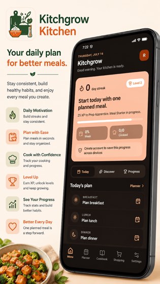 Kitchgrow daily plan screen showing meal streaks, XP progress and today's breakfast, lunch and dinner tasks.